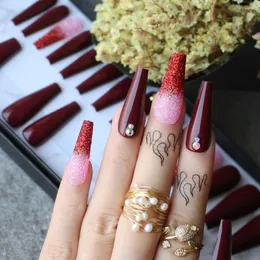 False Nails Luxury Confin Burgundy 28pcs Press On Red Ombre Glitter Winter Fake Bling Rhinestone