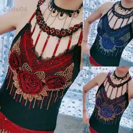 Kadın Tankları Camis Bling Rhinestone Yelek Gül Çiçekleri Desen Kadın Yüksek Elastik Halter Pamuk Seksi Renkli Dekoratif All Maçlı Sling Yelek T230417