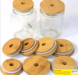 70mm86mm Friendly Mason Lids Reusable Bamboo Caps with Straw Hole and Silicone Seal for Canning Drinking Jars Lid