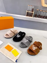 Kvinnors designers skissar kvinnors tofflor mode lyxiga ull tofflor läder gummi lägenheter sandaler sommar strandskor loafers växlar bottar skjutreglage med låda+dammväska