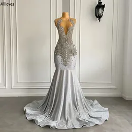 Silver Stunning Crystals Sequined Prom Dresses See Through Neck Glittery Luxury Rhinesontes Women Special Occasion Party Gowns Long Mermaid Evening Dress CL2177