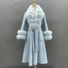 Kvinnors ullblandningar Missjanefur Winter Coats Real päls krage kashmirjackor lyxig långgrav vadderad överrock kvinnlig 231116