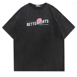 メンズTシャツY2KコットンTシャツ特大のホンブルメンズウォッシュシャツストリートウェアホンブレスメンズTシャツ半袖ローズレタープリント