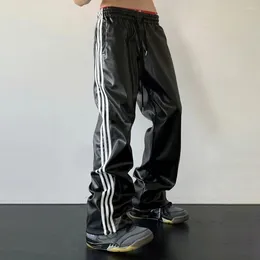 Erkekler Pantolon Y2K Erkekler Sokak Giyim Siyah Techwear Korean Harajuku Paraşüt Pist Deri Stripe Sweetpants Joggers Pantolon