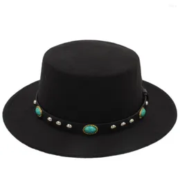 Berets Mistdawn Fashion Women Mężczyzn wełniany hat z szeroką grzbiet wieprzowiny Turkusowe nity skórzane pasek rozmiar 56-58 cm