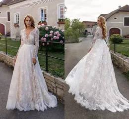 2023 Boho Wedding Dress Full Lace Long Sleeve V Neck Champagne A Line Bridal Gowns Vestidos de Noiva Custom Size