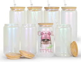 16OZ Sublimation Mugs Beer Can Glass Blanks With Bamboo Lid and Plastic Straws Transparent Chameleon Glasses Tumbler Mason Jar Cups for Iced Coffee Juice Soda Drinks