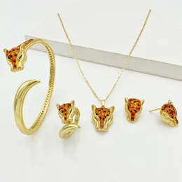 Wedding Jewelry Sets Leopard Head Inlaid Woman 4pcs sets Plated Golden Bridal For Women Party African Dubai Gift 231117