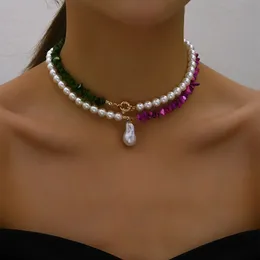 Ожерелья с подвесками 2023, трендовые элегантные ювелирные изделия, свадебное ожерелье с большим жемчугом для женщин, модное колье с имитацией зеленого розового камня 231117
