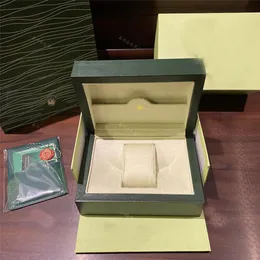 Titta på lådor Designer Green Watch Box Gift Case för RLX GMT Oyster Perpetual Booklet Card Taggar och papper i engelska Swiss varumärkesbricka Boxar
