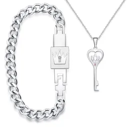 Matching Set King Queen Couple Key Lock Bracelet and Pendant Set Couple King and Queen Jewelry in a Gift Box