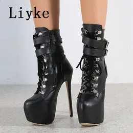 أحذية Liyke Autumn Winter Platform Boots for Women Sexy Round Toe Toe Strap Pole Dance High Heels Pumps Fashion Lace-Up Runway Shoe 231116