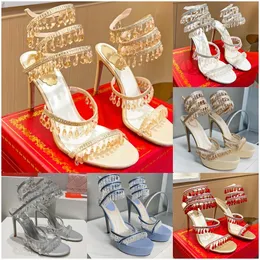 Luxury Crystals Embellished Rhinestone Heels Sandals Cleo Designers Ankle Wraparound Women High Heeled Sandal Flower Hinestone Evening Wedding Party Shoes