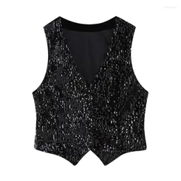 Women's Vests #0738 Black Sequins Vest Women V-neck Outerwear Streetwear Hip Hop Short Coat Femme Sleeveless Jacket Female Spring