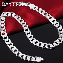 BAYTTLING 925 Silver 18 20 22 24 26 28 30 inches 12MM Flat Full Sideways Cuba Chain Necklace For Women Men Fashion Jewelry Gifts209J