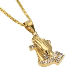 Neue Herren Hip Hop Parying Hände Kreuz Anhänger Iced Out Strass Edelstahl Gold Farbe Anhänger Halskette Kette Punk Jewelry218c
