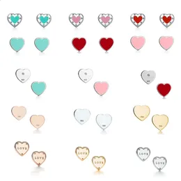 Stud T Series 925 Sterling Silver Enamel Blue Red Heart Pink Peach Stud Earrings Women Girl Love Letter Stone Valentines Day Gift 231116