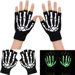 Sporthandskar unisex vuxen halloween skelett skalle halv finger handskar glöd i den mörka fingerlösa sträcka stickade vinter metts cykelhandskar 230414