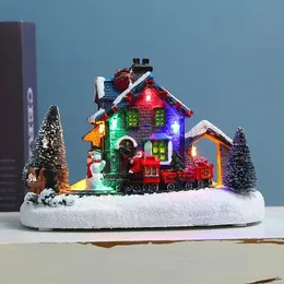 Dekoracje świąteczne świąteczne małe pociągu wioska śnieżna ozdoba Luminous żywica kolor LED LED MUZYKA MUZYKA Krajobraz stołowy