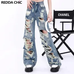 Jeans femininos reddachic tamanho grande rasgado namorado rasgado dano destruído y2k calça larga skater baggy street hip hop calças 231117