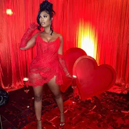 Sexy Red See Thru Short Lace Prom Dress 2024 Birthday Cocktail Party Dresses Corset Strapless Asymmetrical Mini Homecoming Gowns Robe De Soiree Custom Made