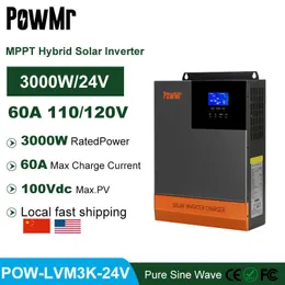 Powmr New Design 3000W 24V Hybrid Inversor MPPT 60a Pure Sine Wave Spwm Солнечное зарядное устройство выходной сигнал 110 В 120 В ЖК -ЖК -инвертор солнечный инвертор
