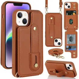 För iPhone 14 Pro Max Phone Cases Crossbody Pu Leather Card Slots Holder Handband Kickstand Cover för iPhone13 12 11 XR XS X 8 7 Plus Wristband Stand Conque
