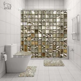 NYAA 4 Pcs Mosaic Decoration Shower Curtain Pedestal Rug Lid Toilet Cover Mat Bath Mat Set For Bathroom Decor Y200407280A