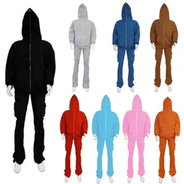 Kvinnors tvåbitar byxor män staplade tröjor och hoodie set lastbyxor joggar sätter full ansikte zip up blank 2023 ankomst 231117