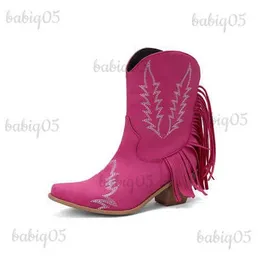 Boots NEW Embroidery Botas Mujer Faux Leather Cowboy Ankle Boots for Women 6cm High Heel Boots Print Western Cowgirl Boots 43 T231117