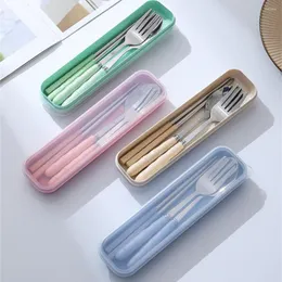 Flatvaruuppsättningar Tabeller Set Portable Stainless Steel Spoon Fork Chopsticks With Box Students Trave Kitchen Accessories