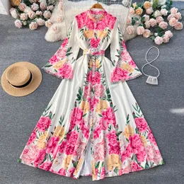 2024 Partykleider Runway Designer Mode Vintage Floral Print Maxi Lange Partykleider Frauen Stand Collar Flare Sleeve Largo Vestidos Roben