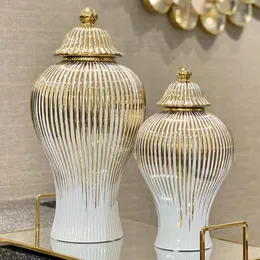 Szhome Ceramic Ginger Jar Golden Stripes装飾的な一般的なJar Vase磁器貯蔵タンク付き手芸ホームデコレーション