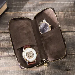 Titta på Boxes Cases Rustic Leather 2 Slot Box Luxury Pouch With Zipper Portable Organizer Bag Holds 2 Watches Brown 231117