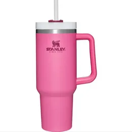 Copo de aço inoxidável rosa Stanly de 40 onças com alça de logotipo e tampa de palha caneca de grande capacidade garrafa de água revestimento em pó copo de acampamento ao ar livre copo isolado a vácuo para beber