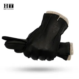Five Fingers Gloves Winter Men's Leather Gloves High-Grade Deerskin Hand-Sewn Warm Wear-Resistant Wave Pattern Cold-Proof Mitten 70% Wool Lining 231117