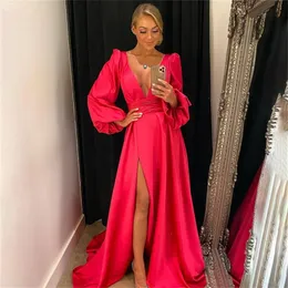 Rosa vermelha vestidos de baile com manga inchada rosa rosa vestidos de festa sexy profundo decote em v vestidos de noite vestidos de cetim
