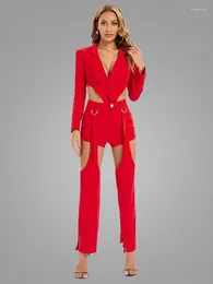 Kvinnors tvåbitar byxor kvinnor långärmare jacka byxor avtagbara shorts 3 set jumpsuit sexig ihålig rygglös blazer bodysuit club