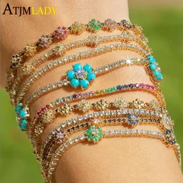 Manschette angekommen Regenbogen CZ bunte Blume Tennis Gliederkette Armband für Frauen Mädchen Iced Out Bling CZ gepflasterte Gänseblümchen-Blumen-Armband 231116