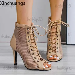 Модельные туфли, женские летние сандалии на сетчатом каблуке, босоножки на шнуровке, ботинки с открытым носком, женская обувь для танцев, T231117