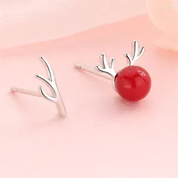 Stud Earrings Asymmetric Red Crystal Elk Buck Horn Cute Mini Small Christmas Minimalist Solid Sliver
