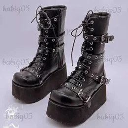 Stiefel Männer Frauen Stiefel Paar Goth Schuhe Hohe Wohnungen Plattform Mode Gürtel Schnalle Kampf Straße Schießen Weibliche Mittlere Waden keile T231117