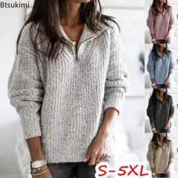 Kadın Sweaters Sonbahar Kış Kış Sıcak Külot Kazak Kadın Moda Katı Uzun Kollu Örgü Zip Boyun Gevşek Örgü Sweater Jumper Üst S-5XL 231117