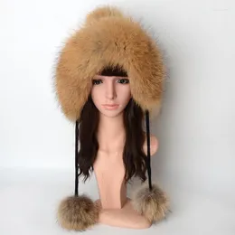 Beanies Beanie/Skull Caps Real Fur Knitted Hat Women Winter Beanie Pompom Knit For Ear Protection Warm Cap Lace Up Ski Hats FlapBeanie/Skull