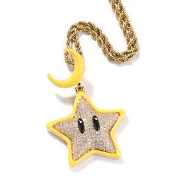 Gold Silver Colors Mens Bling HipHop Jewelry Bling CZ Star and Moon Pendant Necklace for Men Women with Rope Chain