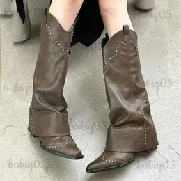 Botas retrô pontudas de couro ocidental, botas femininas novas, marrom, calça, todos os jogos, salto grosso, coxa-alta, bota de maré t231117