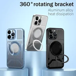 Luxury Cooling Hollow Metal Magnet 360° Rotation Stand Phone Case For iPhone 15 14 13 12 Pro Max plus Heat Dissipation For Wireless Charging