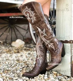 Boots Brown Embroidery Western Boots For Women Over The Knee Pointed Toe mid High Heeled Boots Cowgirl Cowboy Vintage Shoes Autumn T231117