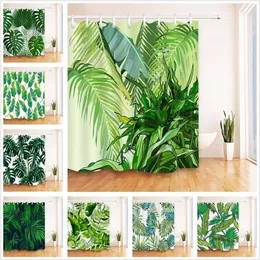 Green Leaves White Shower Curtain Tropical Jungle Bathroom Nature Waterproof Mildew Resistant Polyester Fabric For Bathtub Decor 2285d