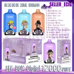 Оригинальные одноразовые электронные сигареты ELF BOX Digital 12000 Puff 0,8 Ом с сетчатой катушкой 23 мл Батарея для капсул Перезаряжаемые электронные сигареты Puff 12K 0% 2% 3% 5% Vape Pen 12 вкусов